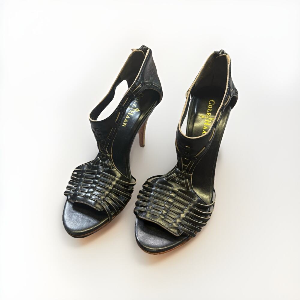 Cole Haan Women’s Black Leather Open Toe Heels Size 6B - Ankle zip
